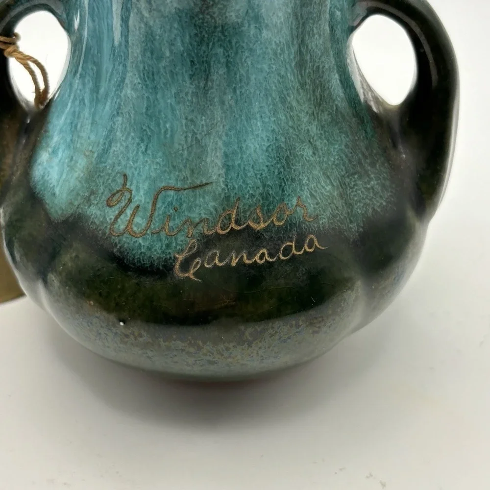 Vtg Blue‎ McMaster Craft Drip Glaze  Pottery Vase Jar Amherst NS Souvenir 2 3/4